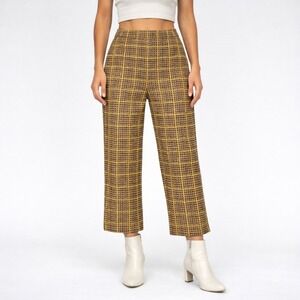 ZARA Trafaluc Brown Yellow Plaid Houndstooth Wide Leg Pants Size S